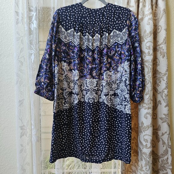 Saloni 100% Silk 3/4 Sleeves Lace Up Plunge Boho Tunic Mini Dress, US 4 - Picture 2 of 9